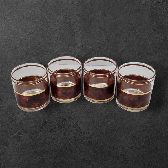 4 Vintage Culver Tortoiseshell Brazilian Brown Lowball Glasses 22K Gold Rocks - Picture 2 of 9